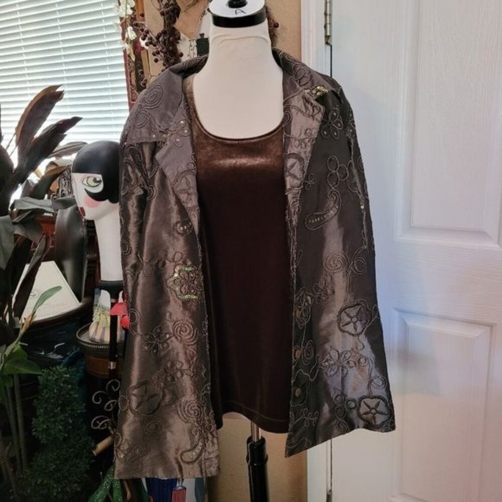 New Susan Graver Formal Evening Jacket Top Green Sequins Sequin Embroide…